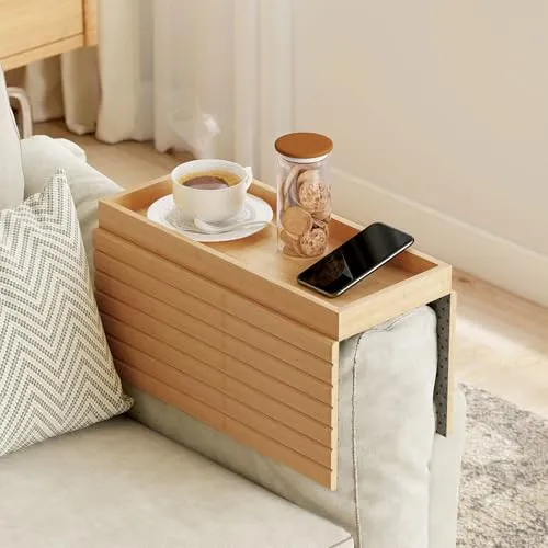 HOMCOM Sofatablett Armlehne Bambus Klappbar Sofa Tablett mit Getränkehalter Anti-Rutsch Sofalehnen Ablage 45 x 33,5 cm Couch Tablett Armlehne Couchtablett Sofa Organizer für Snacks Handy Tasse