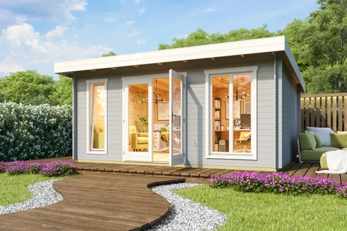 Gartenhaus Blockhaus Pultdach 34 mm Dorset 3 grau 520x410 cm - Hochwertiges Gartenhaus mit 18,9 m² Nutzfläche, isolierverglasten Fenstern und abschließbarer Doppeltür – ideal für Gartenliebhaber und als Stauraum.