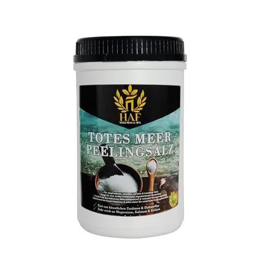 HAF – Totes Meer Peelingsalz (1 x 1 kg Dose) – Naturreines Körper-Peeling aus Jordanien. Für trockene Haut & Gesicht in Sauna, Dusche oder Dampfbad verwendbar, Vegan & ohne Zusatzstoffe