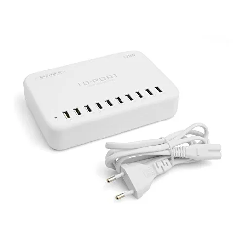 SYSTEM-S USB Hub 10 x 2.0 Typ A - Handy-Ladegerät mit 10 Ports für gleichzeitiges Laden, 120 W Leistung und Aluminium-Oberfläche, ideal für effizientes Aufladen mehrerer Geräte.