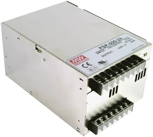 Mean Well MW PSP-600-24 Schaltnetzteil 24 V/DC 25A 600W - Robustes Konstantspannungsnetzteil mit aktiver Kühlung und PFC-Filter. Ideal für den professionellen Einsatz mit zuverlässiger DC-OK Meldefunktion und Möglichkeit zum Parallelbetrieb.
