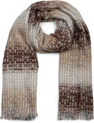 styleBREAKER Damen Schal mit Streifen Web Muster, Pailletten und kurzen Fransen, Winter, Stola 01017114, Farbe:Braun-Beige-Hellgrau