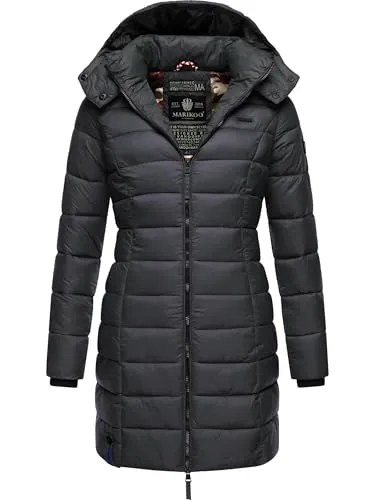 MARIKOO Damen langer Wintermantel warmer Steppmantel mit abnehmbarer Kapuze Abendsternchen Anthrazit Gr. L