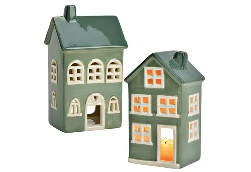 matches21 HOME & HOBBY Kerzenhalter Windlichter Häuser Set, Dekohäuser aus Keramik in Grün (2 St), Kerzenhalter als Herbstdeko & Winterdeko