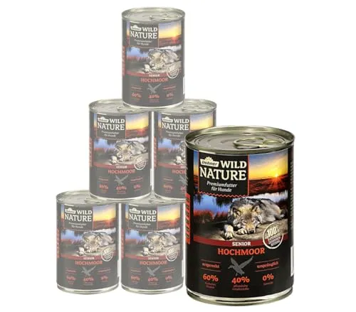 Dehner Wild Nature Hundefutter Hochmoor, Nassfutter getreidefrei / zuckerfrei, für ältere Hunde, Ente, 6 x 400 g Dose (2.4 kg)