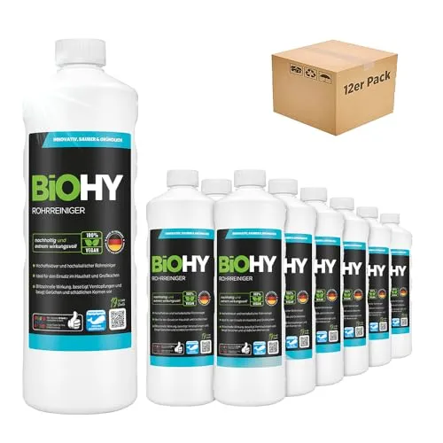 BiOHY Rohrreiniger 12 x 1 Liter - EXTRA STARK - Spezialputzmittel für effektive Rohrreinigung, beseitigt schnell Fett, Haare und Gerüche, umweltfreundlich und 100% biologisch abbaubar.