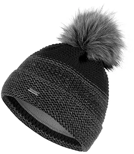 Faera Mütze Damen Wintermütze warm gefüttert mit Fleecefutter Kunstfell Bommelmütze Winter Herbst Bommel Strickmütze Beanie 60, Farbe:Schwarz