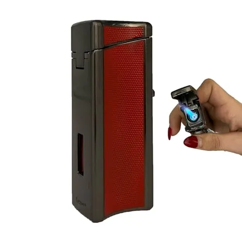 Eurojet Feuerzeug mit Jet-Flamme, Rot/Silber mit Bohrer und Zigarrenablage