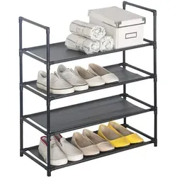 Schuhregal mit 4 Ablagen Schuhablage Schwarz Schuhständer Steckregal, Stoffregal Schuhschrank für 12 Paar Schuhe, Flur, Schlafzimmer 60x28x71 cm