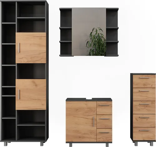 Vicco Badmöbel-Set Ilias, Anthrazit/Goldkraft Eiche, 4-teilig - Badmöbel-Set mit stilvollem Design und viel Stauraum für eine individuelle Badgestaltung. Enthält Waschbeckenunterschrank, Spiegelschrank und zwei weitere Schränke für Komfort und Ordnung.