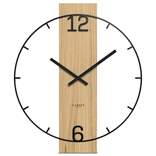 Cander Berlin Einar XXL Vintage Wanduhr lautlos 50 cm Metall Holz Eiche-Furnier ohne Ticken groß modern schwarz Wohnzimmer Küche