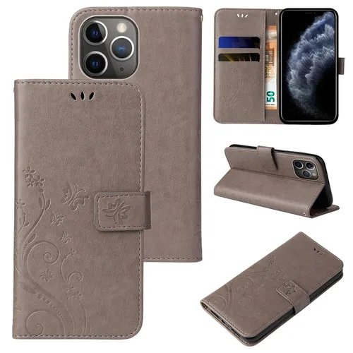 Handy Tasche für Apple iPhone 11 Pro Max Handyhülle Blumen Buch Klapp Cover Grau