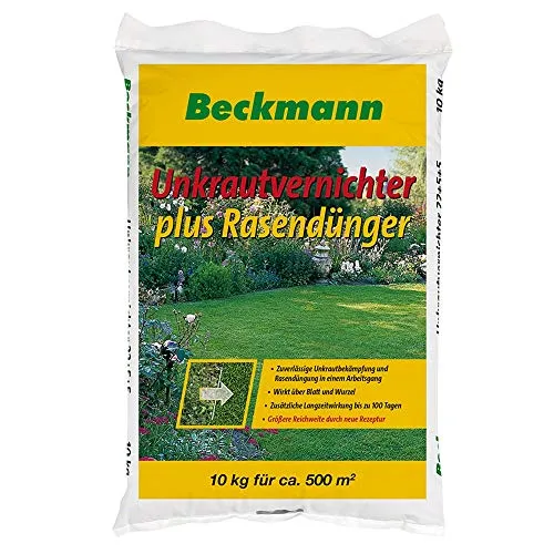 Beckmann Rasendünger Plus Unkrautvernichter 10 kg - Für einen perfekten Rasen - Mineralischer NPK-Rasendünger mit Unkrautvernichter, ideal für die gleichzeitige Rasendüngung und Unkrautbekämpfung über Blatt und Wurzel. Langzeitwirkung bis zu 100 Tage für ein gesundes, unkrautfreies Grün.