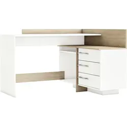 Eckschreibtisch Thales in Weiß / Sonoma-Eiche – 128,8x83,2x105,7cm - Kompakter Eckschreibtisch 'Thales' mit großzügiger Arbeitsfläche, drei Schubkästen und pflegeleichter Oberfläche. Ideal für geordnete Strukturen im Homeoffice.