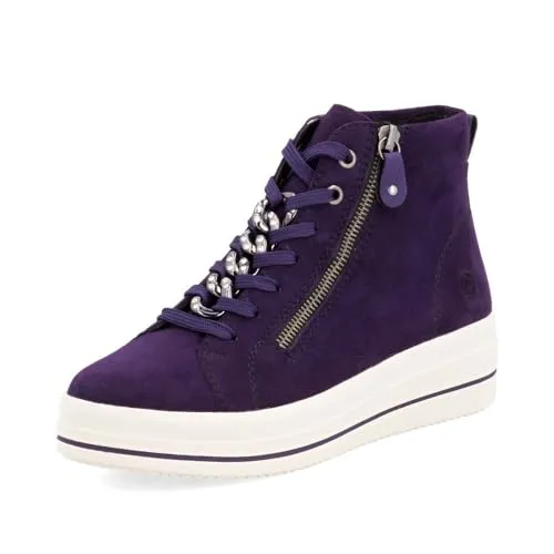 Remonte Elisabeth Hurley-Collection Plateausneaker - Sportliche High-Top-Sneaker mit seitlichem Reißverschluss, aus Veloursleder in Aubergine. Ideal für einen trendigen Freizeitschuh-Look mit 4,5 cm Absatzhöhe und gepolsterter Innensohle.