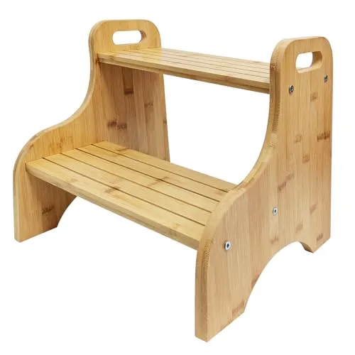 DOKKOME Tritthocker für Kinder 2 Stufen Bambus Hocker Holzhocker für Kinder Kindertreppche Hocker Holz Kinderschemel mit 2 Stufen Tritt-Schemel für Badezimmer Küche Kinderzimmer