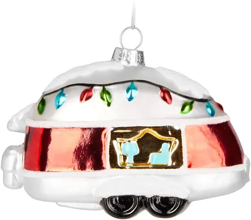 BRUBAKER Christbaumschmuck Retro Wohnwagen Rot Weiß - Handbemalte Baumkugel aus Glas (1-tlg), Christbaumschmuck Anhänger Lustige Weihnachtskugel - 11 cm