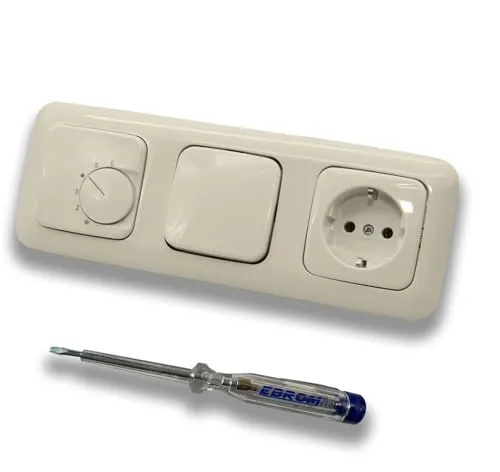 Halmburger UP Raumthermostat Raumtemperaturregler RTR-76cg in Busch Jäger DURO2000 cremeweiß Rahmen + Wechselschalter 2000/6 US + Steckdose 20EUC + EBROM Phasenprüfer z. Montage der Geräte RTR-76 cg