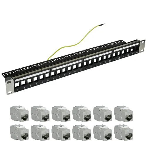 AIXONTEC 24 Port 19 Zoll 1 HE Patchpanel Patchfeld als Set 12x RJ45 Keystone Module Cat.6A Werkzeuglos Buchse Ethernet LAN Verbinder für Cat.7 Cat.6 Schwarz Kabelmanagement Netzwerkabel LAN Kabel