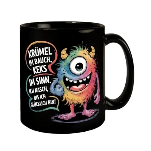 Monster Krümel Tasse - Keks im Sinn Schwarzer Kaffeebecher im Aquarell-Design zaubert mit seinem Krümel Monster Lächeln ein Lächeln auf jeden Bauch