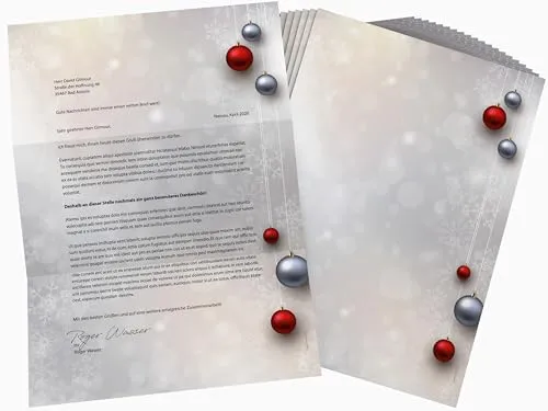 Weihnachtsbriefpapier | Weihnachtskugeln Rot und Silber | 20 Blatt weihnachtliches Motivpapier DIN A4 | Briefpapier