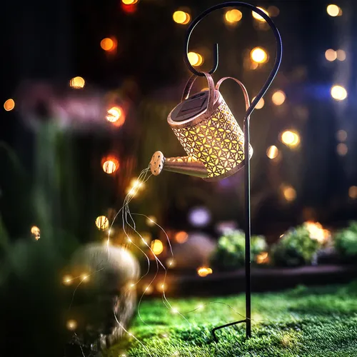 LUMILED Solar Gießkanne mit Lichterkette Wasserfall, Kupfer Gießkannenlicht Lichter an Schäferhaken Höhenverstellbar, IP44 Spritzwasserdicht Vintage Gartenleuchte für Außen Garten Hofweg Balkon Terrassen