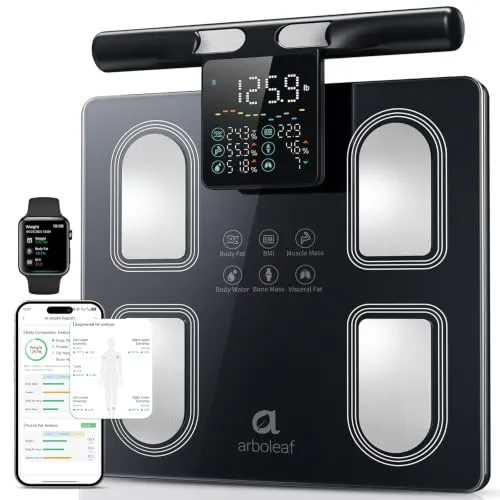 arboleaf Körperfettwaage 8 Elektrode mit Abnehmbares Display 50 Körpermaße | Körperanalysewaage mit Handsensoren & App, Smart Waage für Segmentale Körperanalyse bis zu 180kg/400 lbs, CS10P