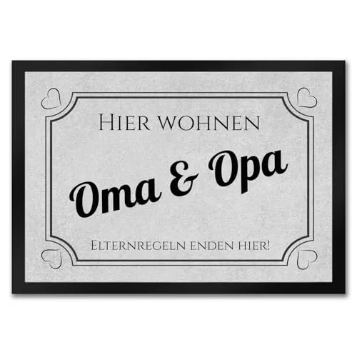 trendaffe Hier wohnen Opa und Oma Fußmatte in 35x50 cm - Elternregeln Enden Hier in grau mit Herz die Omi und Opa Schmutzfangmatte als Geschenkidee für die liebsten Menschen auf der Welt