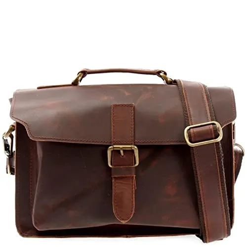 LECONI kleine hochwertige Umhängetasche Ledertasche Schultertasche Damen Herren Used Look Leder 31x20x10cm braun LE3023-wax