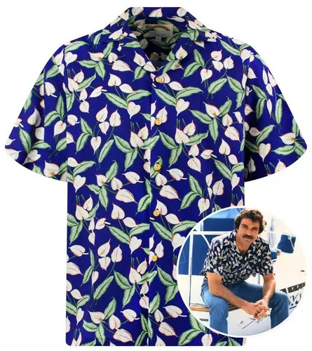 Paradise Found Tom Selleck Hawaiihemd, Kurzarm, Grüne Blätter auf Blau, 3XL - Stilvolles Hawaiihemd für warme Tage, aus hochwertigem Material für brillante Farben. Ideal für Urlaub, Strand oder Motto-Partys. Bitte beachten Sie die Größentabelle zur Auswahl der perfekten Größe!