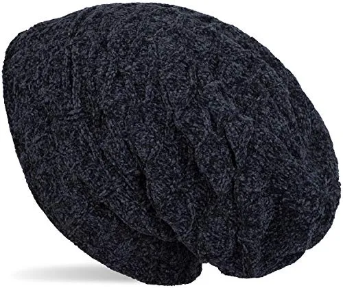 styleBREAKER Unisex Chenille Beanie Mütze mit Waben Strick Muster und Fleece Futter, Winter Slouch Longbeanie 04024160, Farbe:Midnight-Blue/Dunkelblau