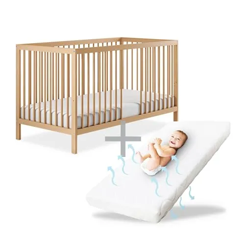 Ehrenkind Babybett PUR inkl. Matratze aus Buchenholz - Gitterbett 60x120 cm aus massivem Buchenholz, inklusive komfortabler Matratze – ideal für eine gesunde Schlafumgebung Ihres Babys.