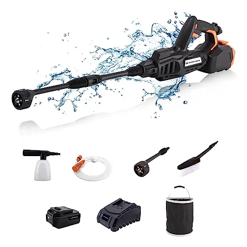 V Aquajet-Mitteldruckreiniger 2.0 20 - Rasentrimmer & Motorsensen, kabelloser Hochdruckreiniger mit umfangreichem Zubehör, ideal für flexible Anwendungen ohne Strom- und Wasseranschluss.