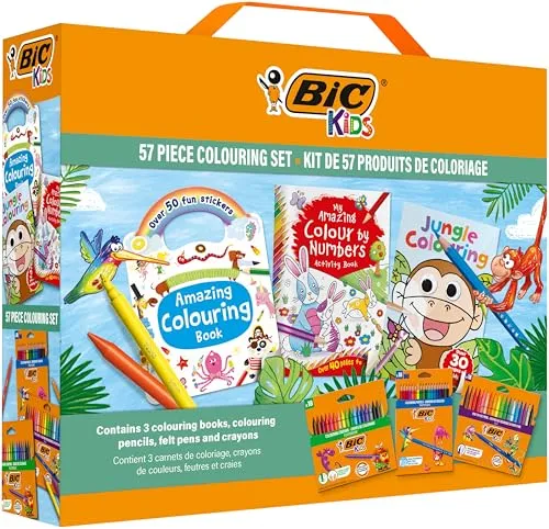BIC Kids Stifte Set mit Malbuch: 18 Buntstifte, 18 Filzstifte, 18 Malkreiden, 3 Malbücher und 50 Sticker
