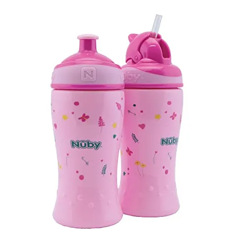 Nuby - 2er Pack auslaufsichere Trinkflaschen - Flip-it Trinkhalmflasche 360ml + Pop-up Trinkflasche Trinklernbecher für Kinder - BPA-FREI - Rosa - Trinkbecher 12+ Monate & 18+ Monate