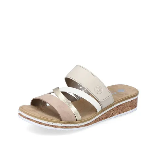 RIEKER Pantolette mit Keilabsatz, hellbeige, Gr. 39 - Wanderschuhe - Stilvolle Sommerschuhe mit 150 Jahre Jubiläumsdesign und bequemem Keilabsatz für unvergessliche Sommertage.