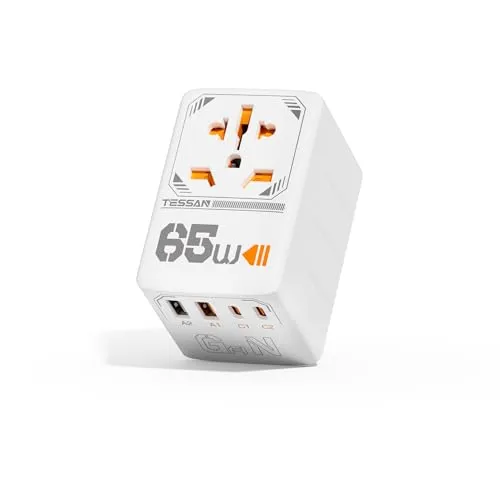 TESSAN 65W GaN Reiseadapter Weltweit, Schnellladung Adapter, Reisestecker Weltweit mit 2 USB C, 2 USB A, Travel Adapter für EU USA UK Italien Japan Thailand Australien Kanada