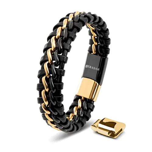 SERASAR Herrenarmband aus echtem Leder 17cm Schwarz Gold in gold von SERASAR