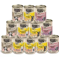 Dogs’n Tiger Adult Hundefutter, Nassfutter, Getreidefrei, Schlemmerpaket, Wild, Huhn, Geflügel, Ente, Lamm & Rind, 12x400g