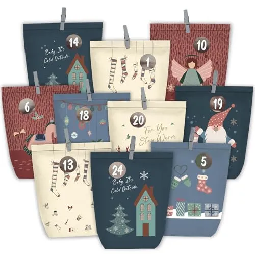 KOHMUI Adventskalender zum Befüllen, 24 Weihnachtskalender Papiertüten zum Selber Basteln, Geschenktüten zum selbst füllen, Advents Tüten Selbstbefüllen für Kinder & Erwachsene