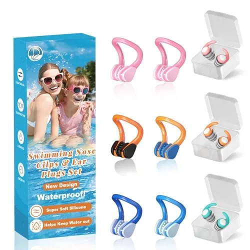 Nasenklammer Schwimmen mit Ohrstöpsel - 9 Stück Silikon Nasenclip Schwimm Ohrstöpsel für Kinder und Erwachsene, wasserdichte Nasenklammer für Schwimmen Anfänger mit Aufbewahrungsbox, mehrfarbig