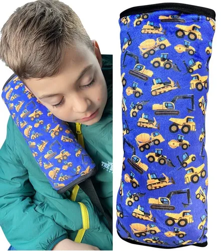 HECKBO Schlafkissen Auto Schlafkissen Baufahrzeuge Motiv für Kinder Mädchen Jungen - maschinenwaschbar – kuschelweich - Auto Gurtkissen, Gurtschoner, Gurtschutz Sitzerhöhung, Auto Kissen, Reisekissen, Urlaub