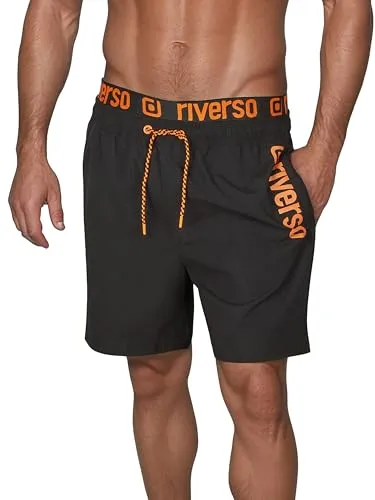 riverso Badehose Herren RIVBobby Regular Fit Schwarz-Shiny Orange - Herren-Bademode mit coolem Print-Design, schnelltrocknendem Material und doppeltem elastischen Bund für optimalen Tragekomfort. Ideal für Schwimm- und Sportaktionen am Strand oder im Garten.