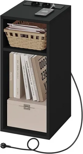 Woltu Nachttisch Schwarz mit Steckdosenleiste