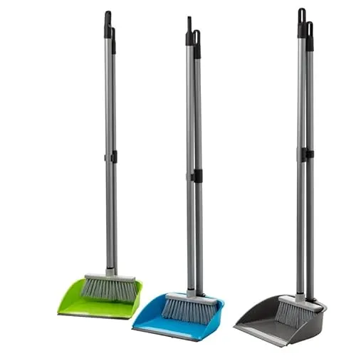 Kehrgarnitur mit Langen Stiel, Besen und Kehrschaufel 3er Set zusammenklappbar, kehrset, Farbe: Blau, Silber, Grün, Made in EU