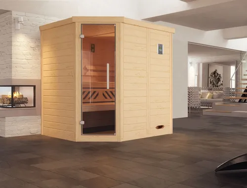 Weka Design Sauna KEMI Eck GT - Eck-Sauna von Weka, ideal für platzsparende Wellness-Oasen, bietet entspannende Wärme und hohe Qualität.