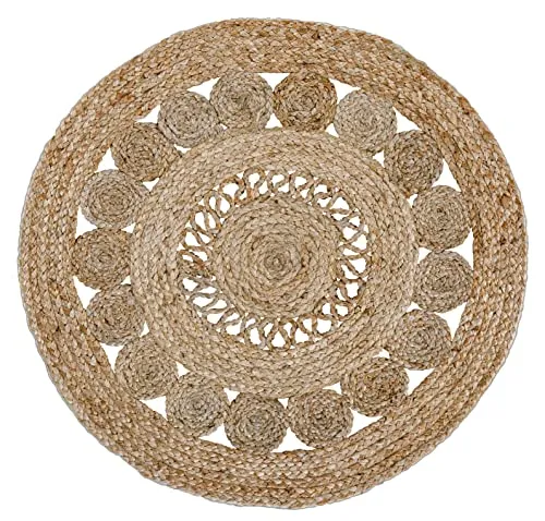 Luxor Living Jute Teppich Balo rund - Boho Ethno Style - Teppich für Wohnzimmer, Flur und Schlafzimmer, handgewebt aus 99% Jute, robust und atmungsaktiv für ein gesundes Raumklima. Ideal für einen natürlichen Boho-Chic.