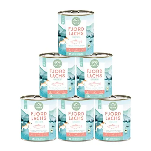 naftie Bio Hundefutter Fjord Lachs - Premium Nassfutter Menü mit Lachs-Fisch & Quinoa für Adulte Hunde - getreidefrei glutenfrei purinarm - 6X 800g