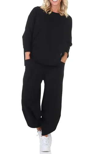 simaranda Damen Jogginganzug, Zweiteiler für Freizeit und Sport, Trainingsanzug, Hausanzug mit Hoodie und Hose 6172 (DE/NL/SE/PL, Numerisch, 36, 42, Regular, Regular, Schwarz)