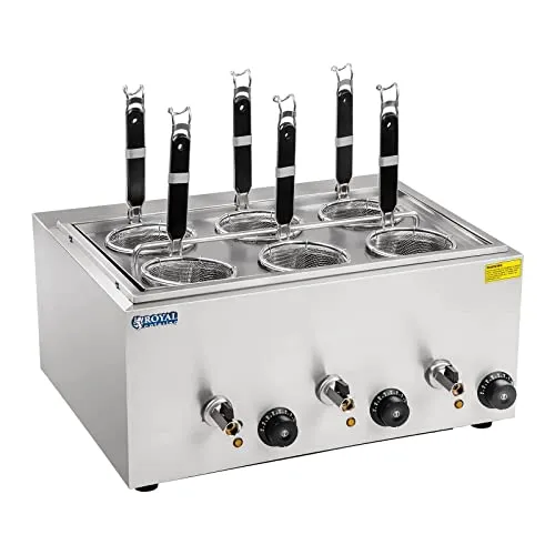 Royal Catering Nudelkocher Pastakocher 3 x 4 L - Nudelmaschinen mit 3 leistungsstarken Heizelementen, punktgenauer Temperatureinstellung und 6 Körben für effizientes Kochen.